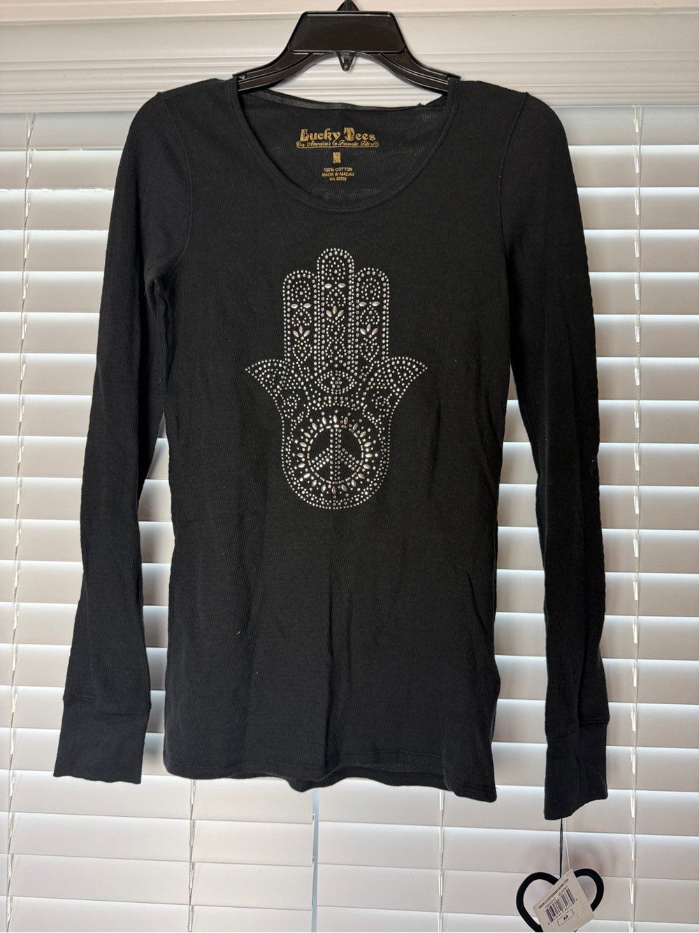 Lucky Brand Black Long Sleeve Tee with Studded Hamsa Design size medium